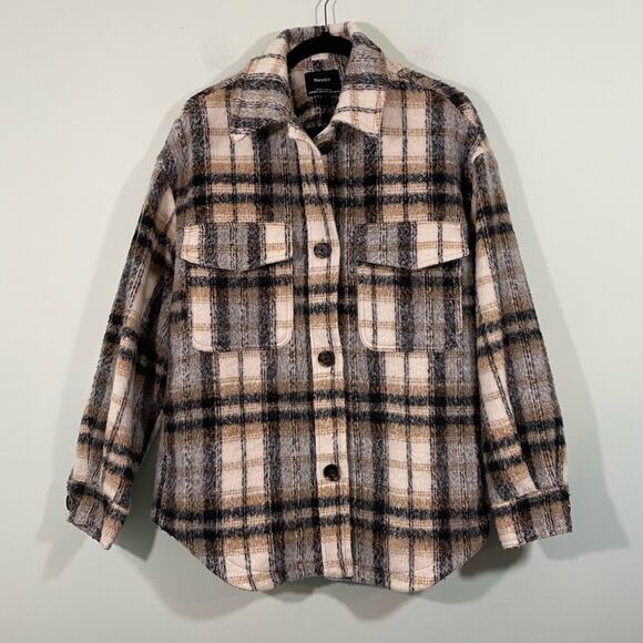 Bershka Women's Neutral Colors Plaid Button Up Oversized Shacket Size M-L - Picture 1 of 9